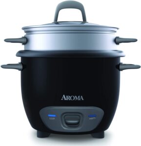 Aroma housewares 6-cup (cooked) pot-style rice cooker and food steamer.